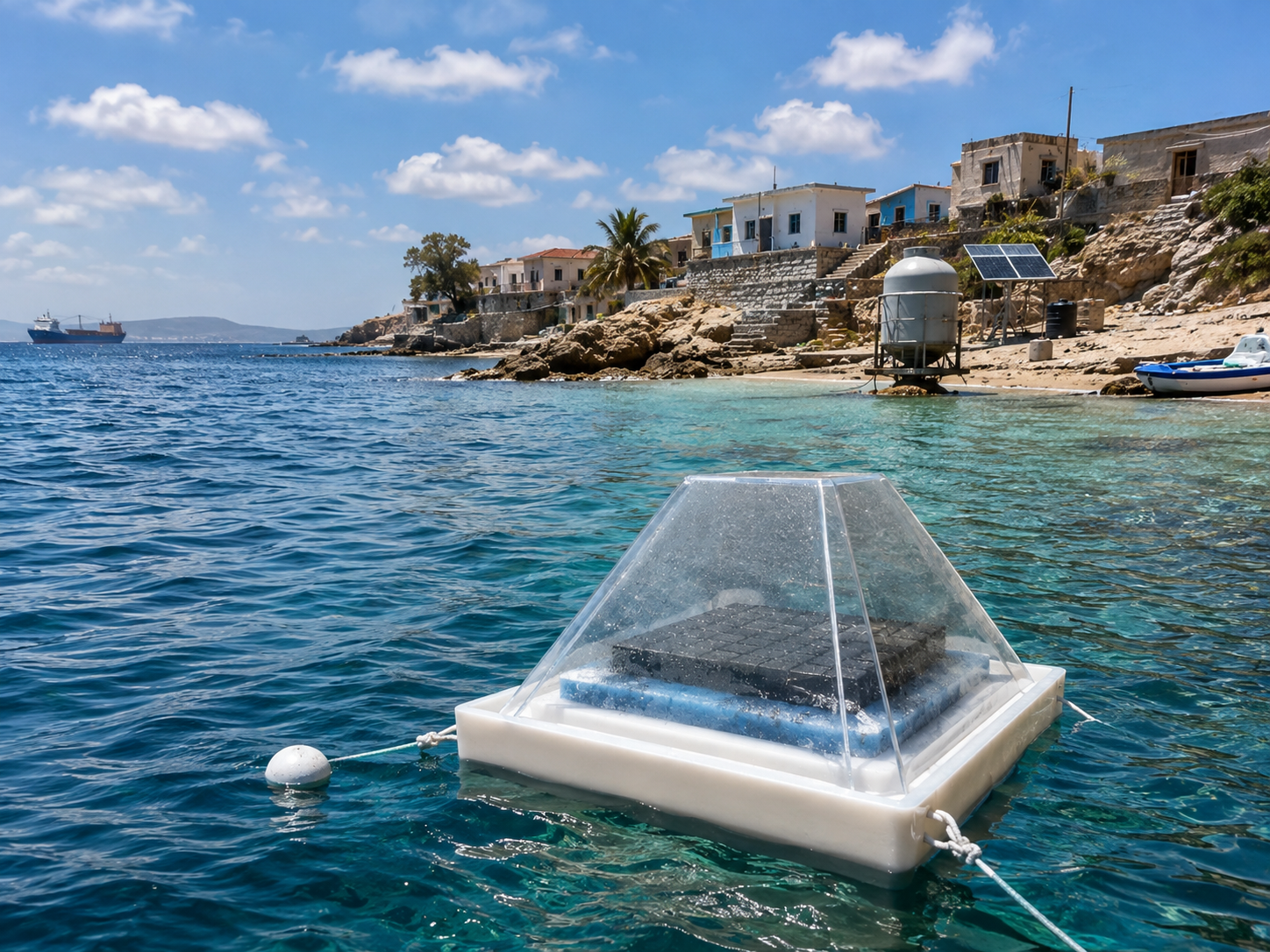D-SAL floating desalination unit anchored in clear coastal water with a Mediterranean village and solar panels on the shore.
