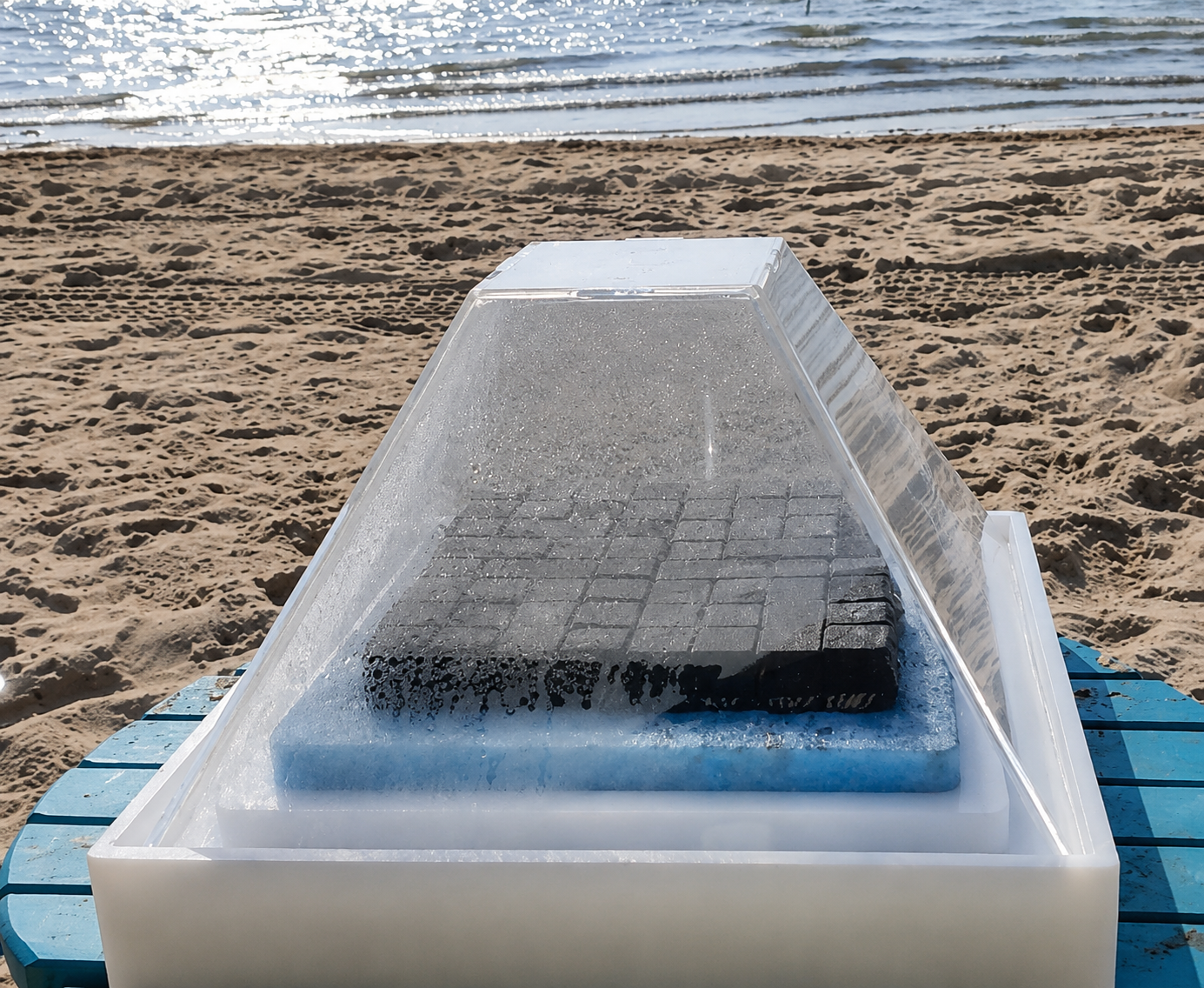 D-SAL prototype unit on the Red Sea shore at KAUST, with the transparent cover and absorber panel visible.