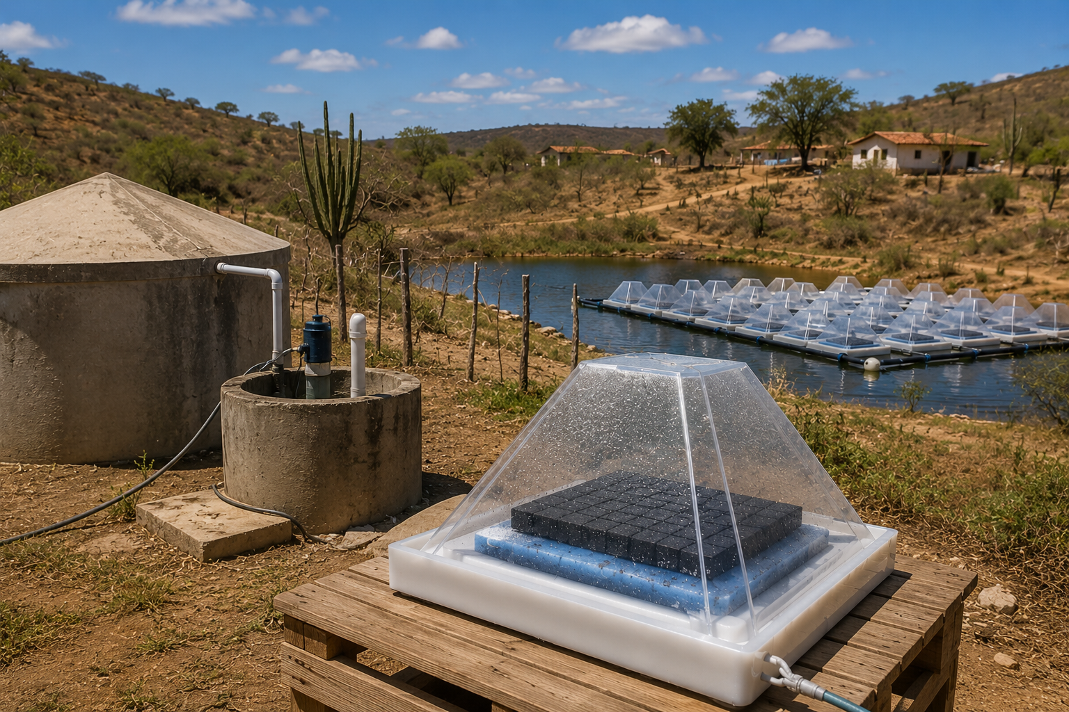 D-SAL family-farm unit on a wooden pallet next to a cistern and well, with floating modular arrays on a reservoir and the Brazilian semi-arid landscape in the background.