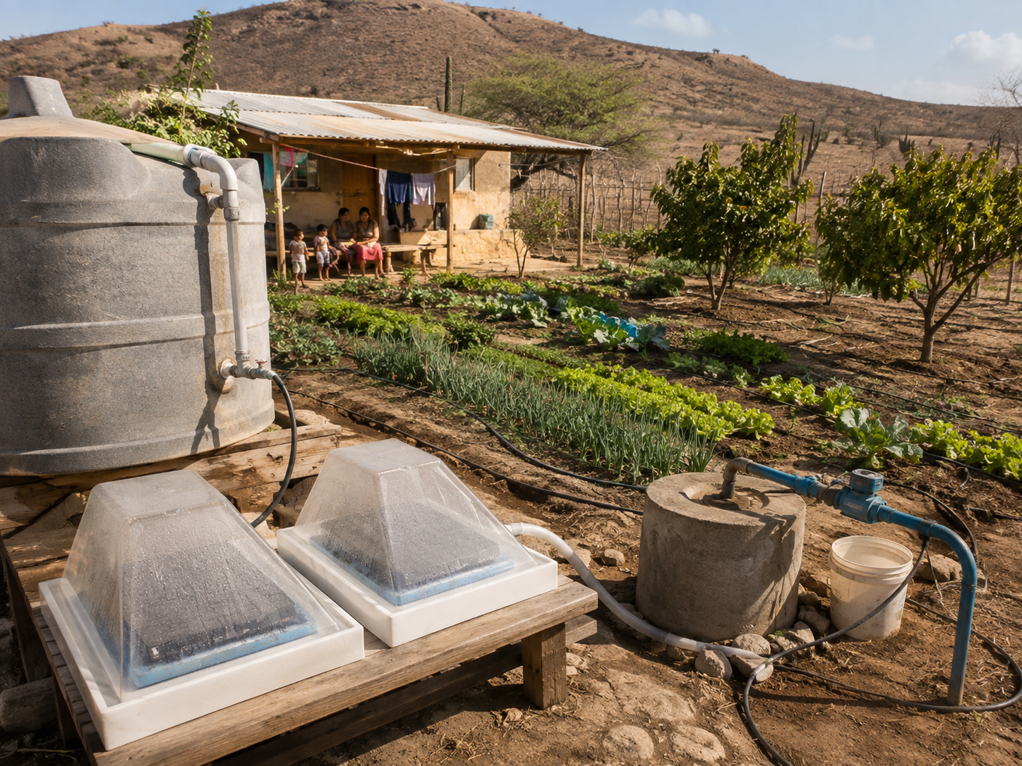 D-SAL solar desalination units installed on a family farm with vegetable rows, a cistern and a rural home in the background.