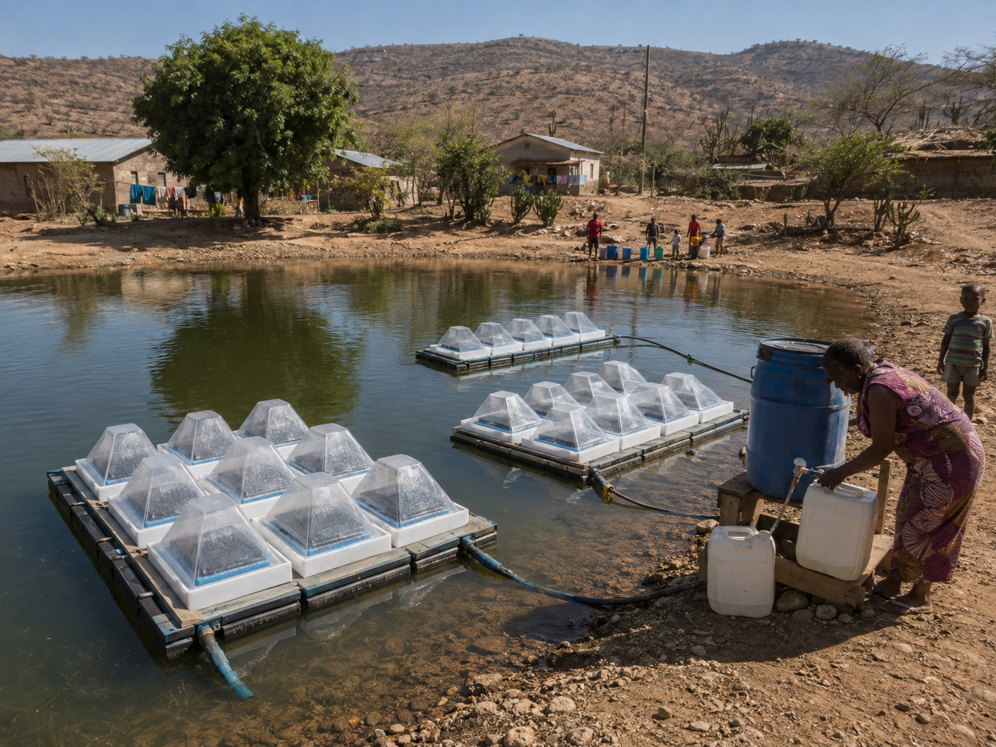 Modular D-SAL floating units on a rural reservoir, with a woman collecting water into jerrycans and a village in the background.