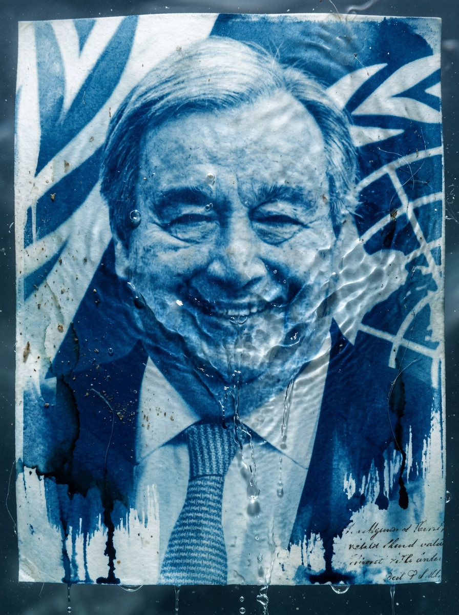 Artistic cyanotype editorial interpretation of António Guterres, Secretary-General of the United Nations.